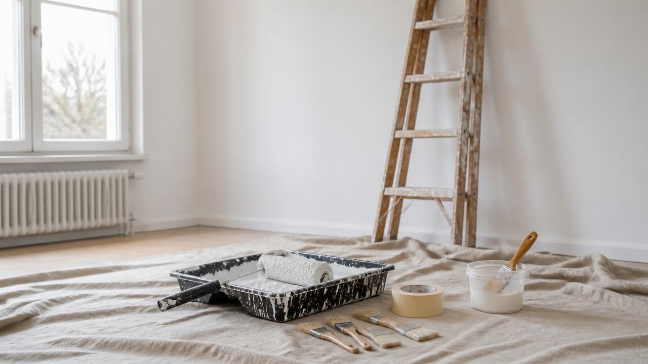 Painter's roller, brushes and masking tape on a drop cloth in a freshly painted white Swedish room